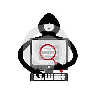 Hacker using a laptop and holding Magnifying glass in front of computer