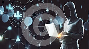 Hacker using laptop with human resource interface