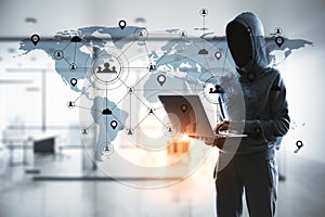 Hacker using laptop and remote work interface