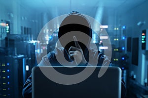Hacker using laptop in sever room