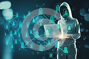 Hacker using laptop with social network