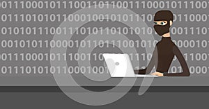 Hacker using laptop to steal information.