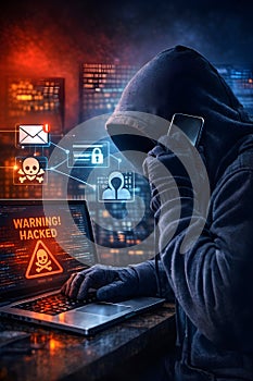 Hacker Using Laptop With Warning Hacked Screen And Digital Network Threat Concept