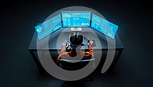 Hacker using multiple monitors for data analysis and programming