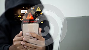 Mobile Phone Hack System Warning Cybersecurity and Data Breach Concept