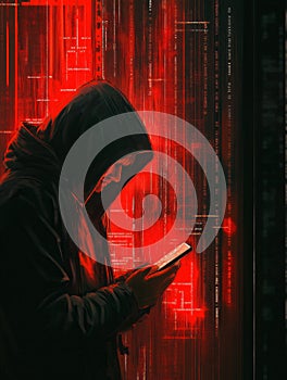 Hacker using smartphone with red binary code background