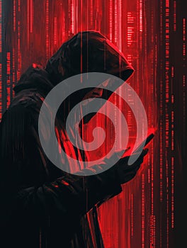 Hacker using smartphone with red binary code background