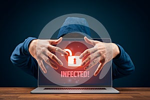 Hacker usurp infected computer cybersecurity concept