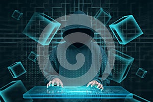 Hacker with virtual keyboard trying to hack blockchain security