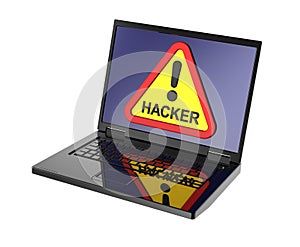 Hacker warning sign on laptop screen.