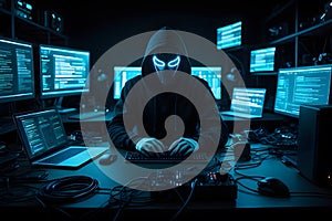 A hacker wearing mask and hoodies with the background of many computers and complex codes,cyber security concept