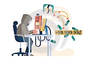 Hacker work. Digital thief and fraudster hacks banking protection. Masked man behind monitors. Cyber password cracker