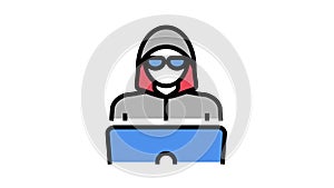 hacker work at laptop color icon animation