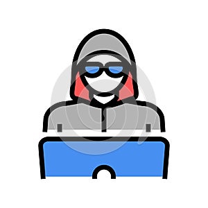 hacker work at laptop color icon vector illustration