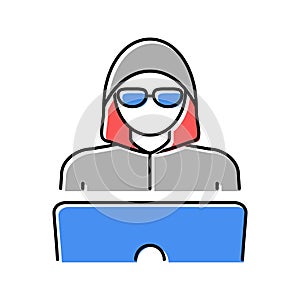 hacker work at laptop color icon vector illustration