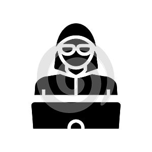 hacker work at laptop glyph icon vector illustration
