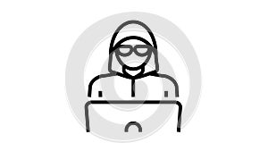 hacker work at laptop line icon animation