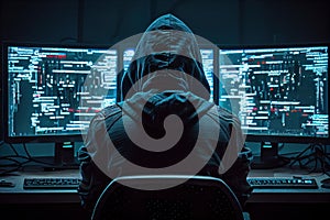 Hacker working on computer. Back view of unrecognizable man sitting in front of monitor screen. Generative AI