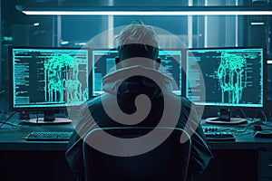 Hacker working on computer. Back view of unrecognizable man sitting in front of monitor screen. Generative AI