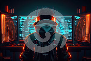 Hacker working on computer. Back view of unrecognizable man sitting in front of monitor screen. Generative AI