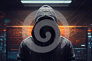 Hacker working on computer. Back view of unrecognizable man sitting in front of monitor screen. Generative AI