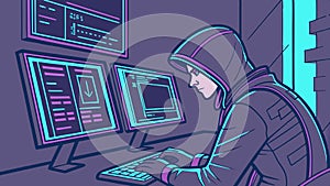 Hacker working on computer with code, cybersecurity and digital tech vector design Generative AI