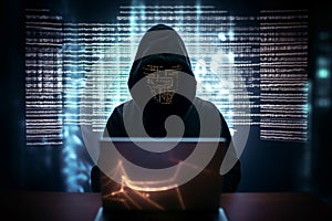 Hacker working on a computer code with laptop