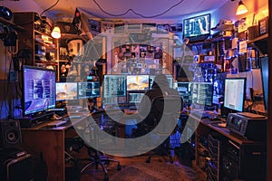 A Hacker Working at a Computer Desk Surrounded by Monitors and Gadgets