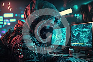 A hacker working  on computer,.internet security, network programming. Generative Ai