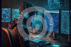 A hacker working  on computer,.internet security, network programming. Generative Ai