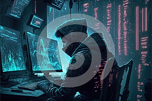 A hacker working  on computer,.internet security, network programming. Generative Ai