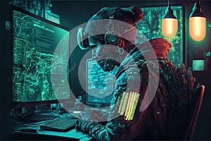 A hacker working  on computer,.internet security, network programming. Generative Ai