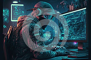 A hacker working  on computer,.internet security, network programming. Generative Ai