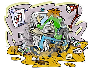 Hacker working on computer in jumble room photo