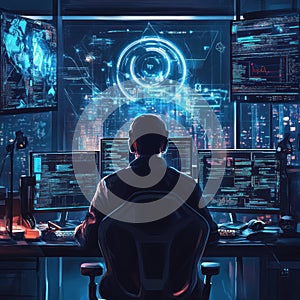 A Hacker Working on a Computer with Multiple Screens Showing Code and Data