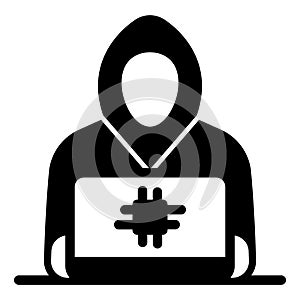 Hacker working at laptop solid icon, hacker attacks concept. Vector graphics. IT criminal man with computer sign on
