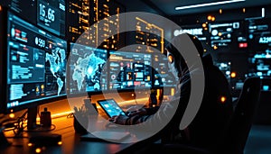 Hacker Working Late In A Dark Room With Multiple Screens