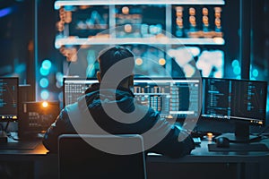 Hacker working late at night on multiple computer screens analyzing data code and systems security