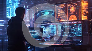 Hacker Working with Multiple Screens Displaying Data and Code