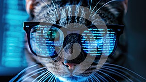 Hacker works in dark room, cat wearing glasses uses computer. Concept of spy, cyber technology, hack, vulnerability, humor, scam,