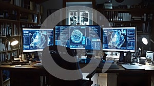 Hacker Workspace Triple Monitor Setup with Network Data and Code Analysis AI generated.