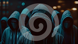 Hackers army. Dangerous hooded group of hackers. Internet, cyber crime, cyber attack concept. Anonymous. AI generated