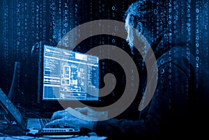 Hackers breaking server using computers. Cybercrime concept.
