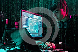 Hackers breaking server using computers. Cybercrime concept.