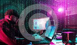 Hackers are breaking server using computers. Cybercrime concept.