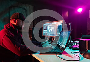 Hackers breaking server using multiple computers and infected virus ransomware. Cybercrime, information technology