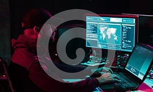 Hackers breaking server using multiple computers and infected virus ransomware. Cybercrime, information technology