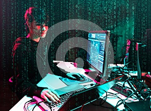 Hackers are breaking server using computers. Cybercrime concept.