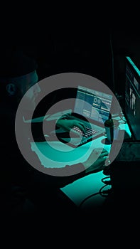 Hackers breaking server using multiple computers and infected virus ransomware. Cybercrime, technology, phishing mail concept.