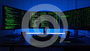 Hackers Command Center with Multiple Coding Screens